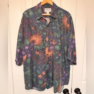 Utopia Men’s Vintage 100% Silk Button Down Shirt Size Large Maximalism Eclectic